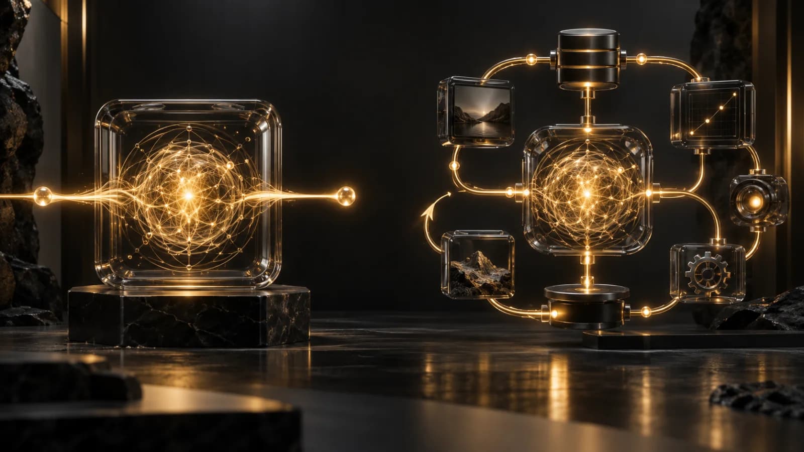 One luminous model core responds to an input while a second core uses connected tools and a feedback loop