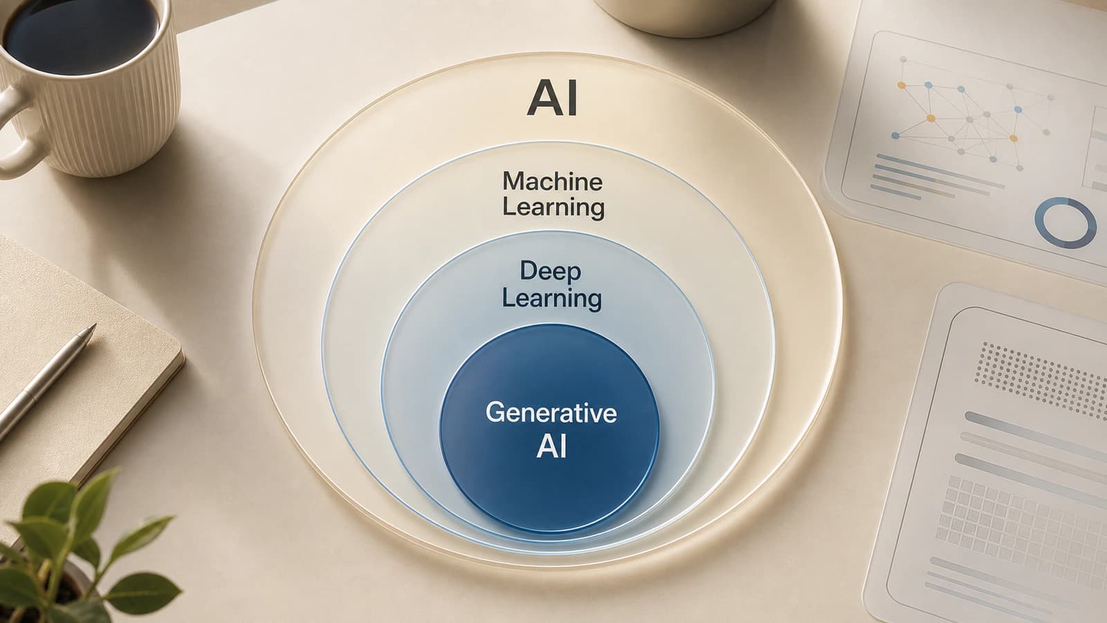 Nested circles showing AI, machine learning, deep learning, and generative AI as related concepts.