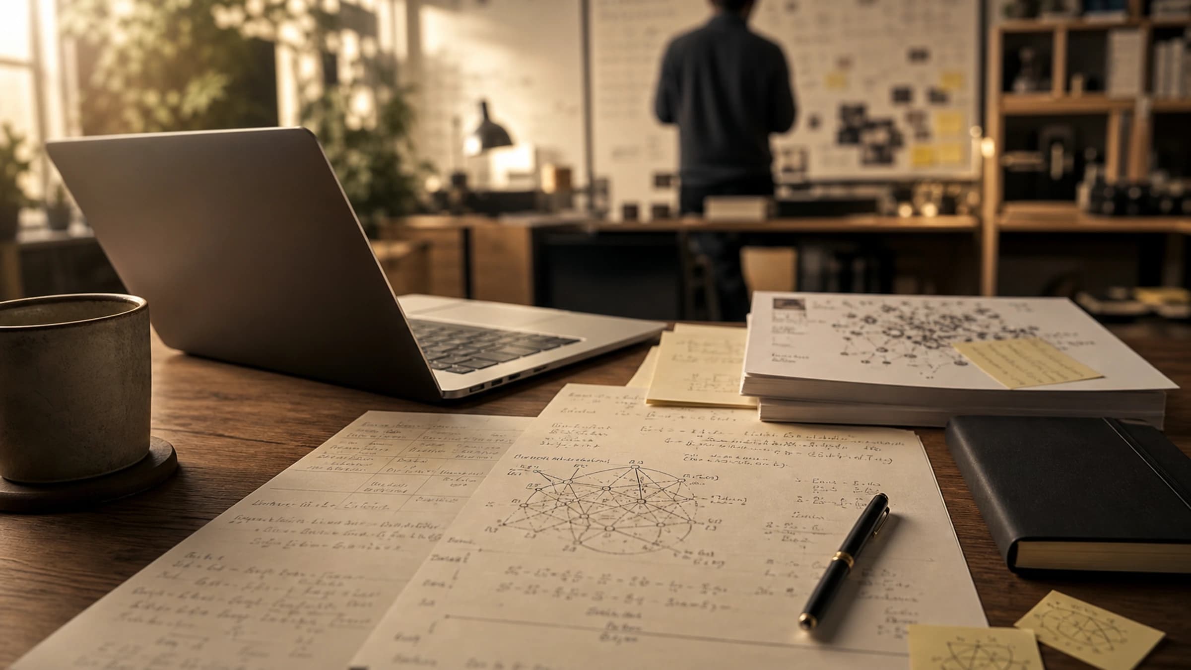 Warm frontier AI research-lab desk suggesting talent, research culture and Claude-related lab work without a portrait.