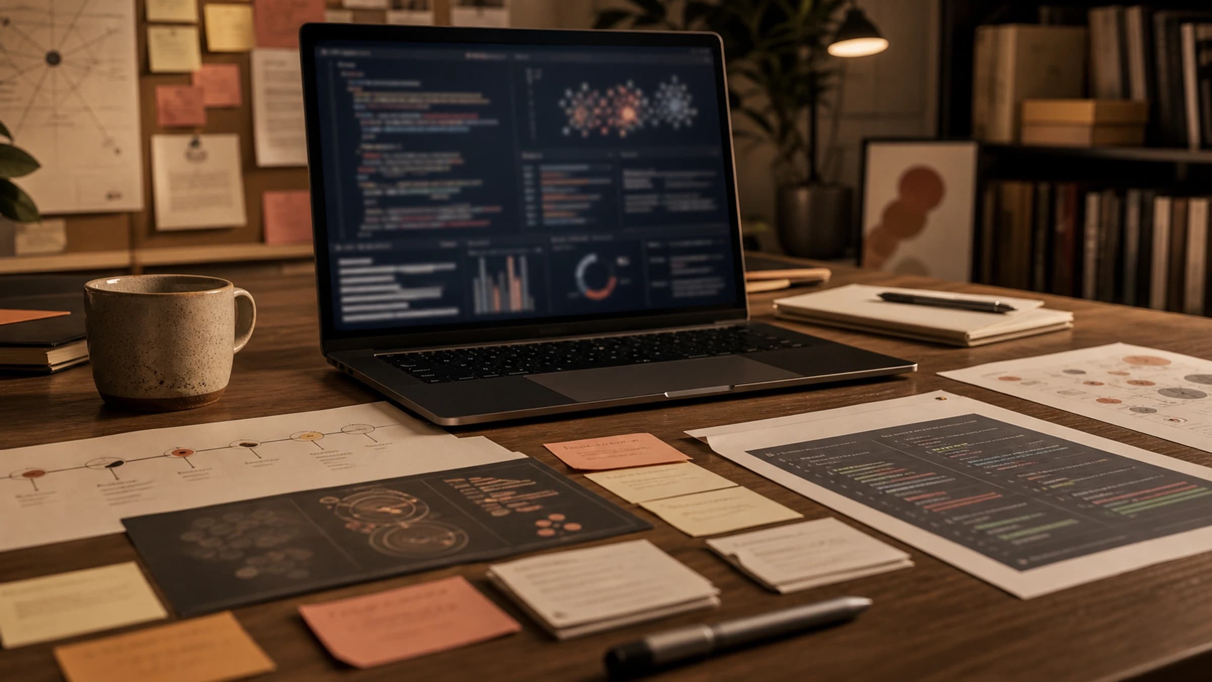 Investigative cybersecurity research desk with vulnerability evidence cards and responsible disclosure workflow cues.