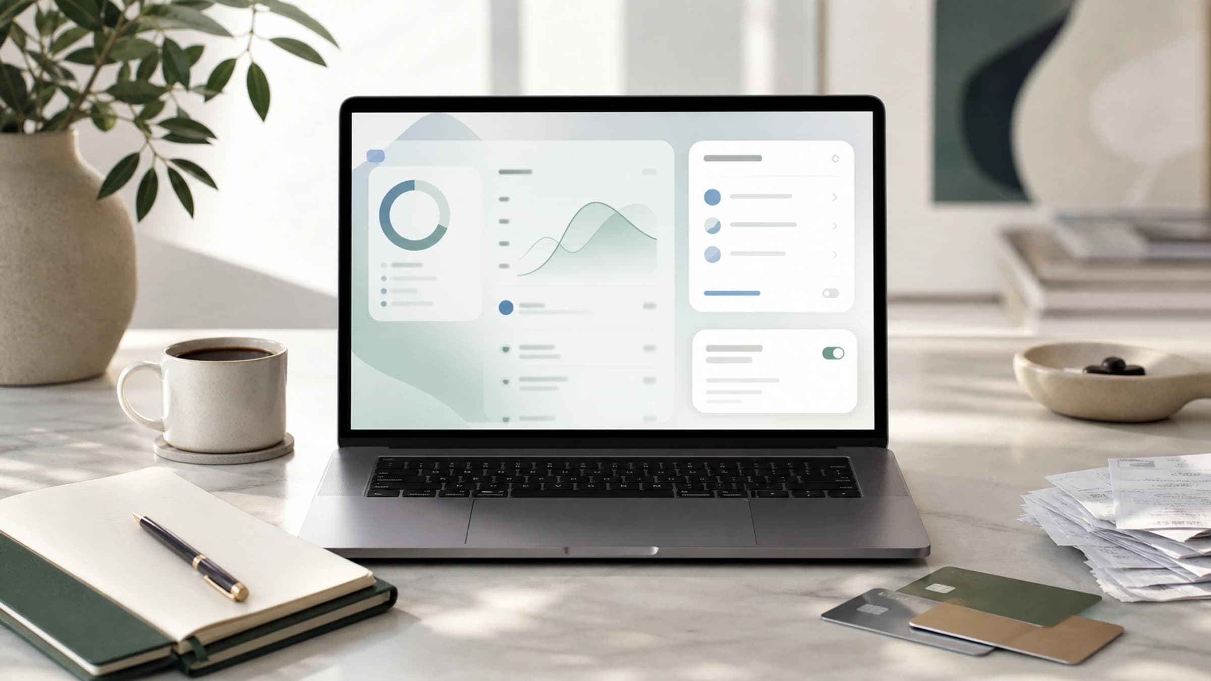 Tasteful AI personal-finance desk with secure account and budget workflow cues in a calm editorial style.