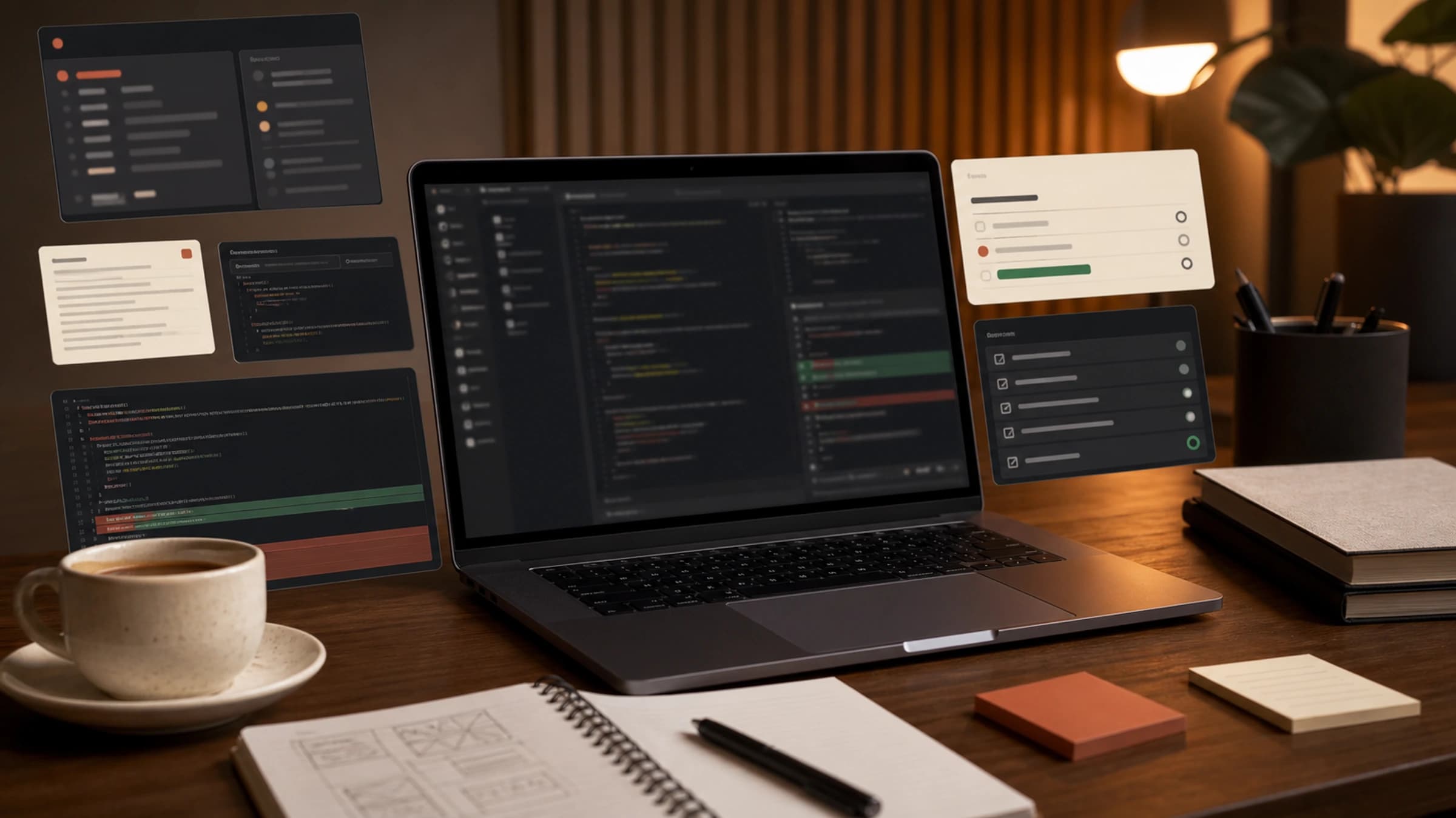 Warm editorial agentic coding desk for Claude Opus 4.8 with terminal, planning and review workflow cues.