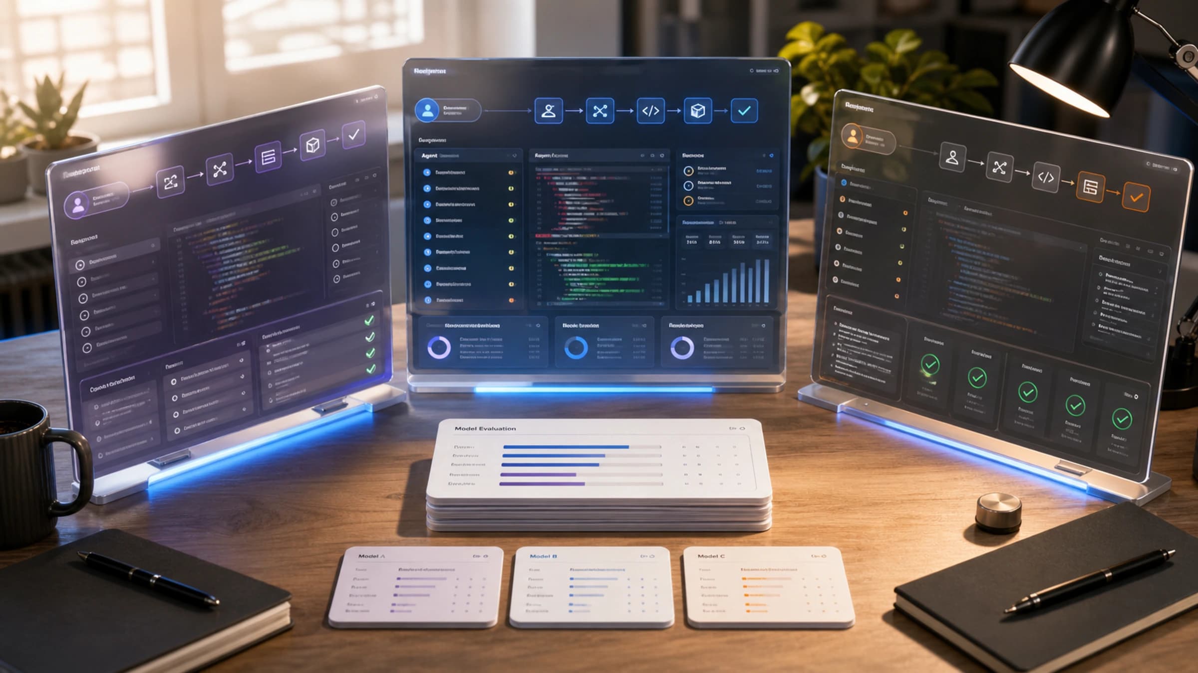 Premium developer-tools desk showing an emerging AI coding agent competitor workflow with subtle DeepSeek-blue accents.