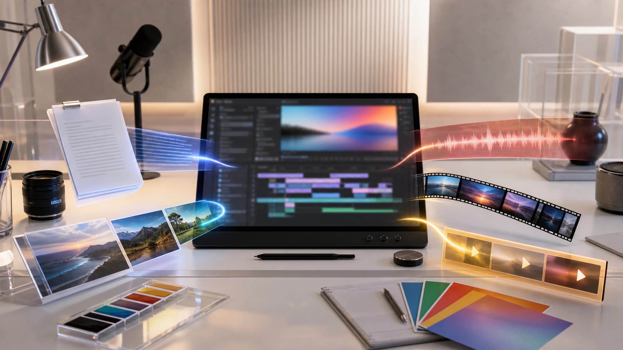 Bright Gemini-style creative workstation showing text, image, audio and video inputs converging into a video workflow.