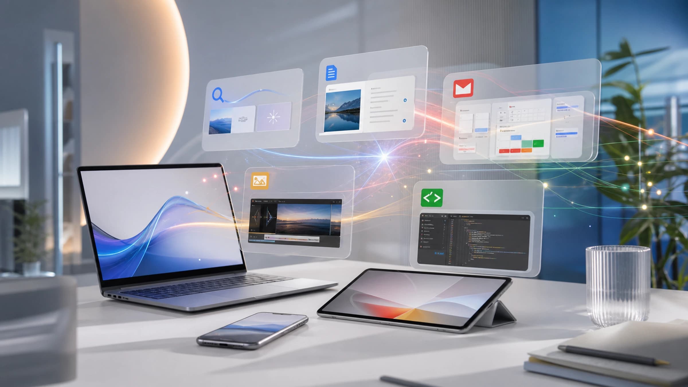Bright Google I/O style product-announcement workspace with Gemini workflow surfaces across search, video and developer tools.