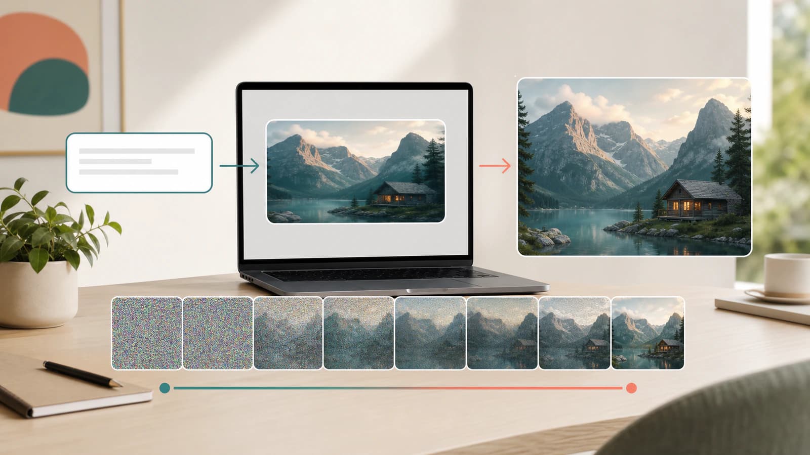 A clean editorial scene showing a prompt flowing through diffusion-style image refinement into a finished generated picture.