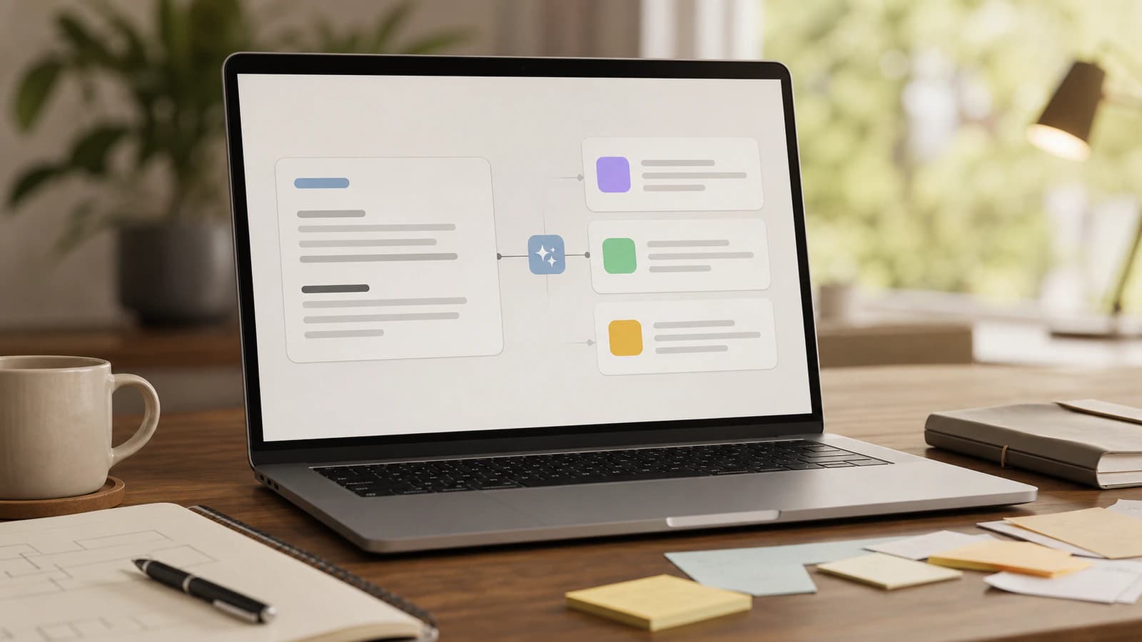 A clean modern workspace showing an abstract prompt editor and structured AI response blocks.