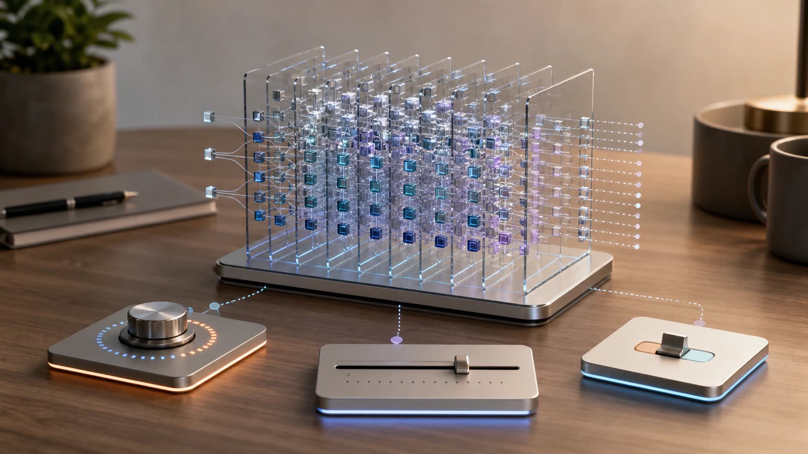 An abstract AI model with internal numerical layers separated from external controls such as a dial, slider and tool switch.