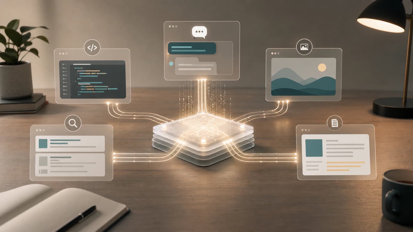 A clean editorial scene showing one reusable AI model base branching into multiple task pathways.