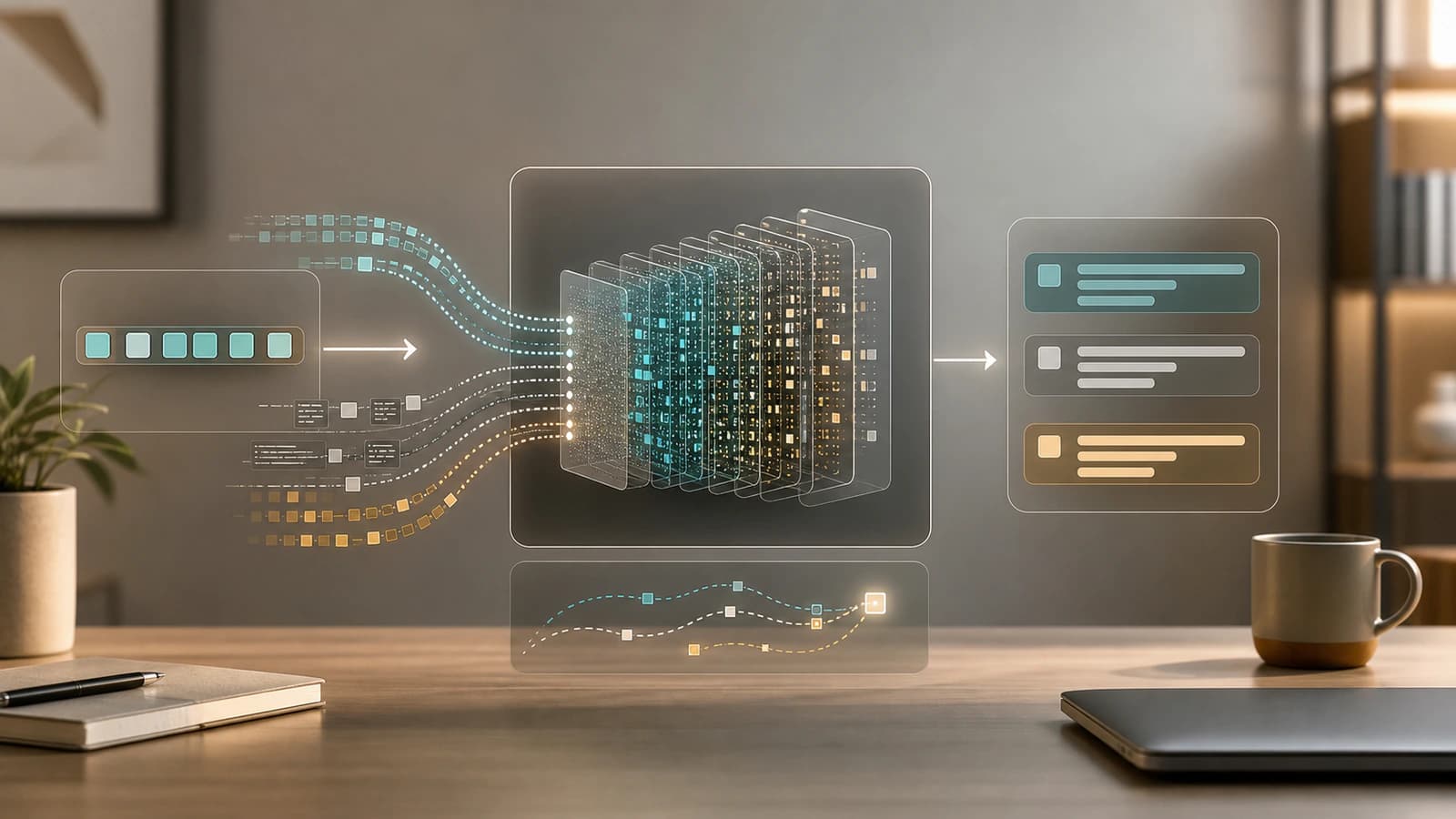 A clean workspace showing abstract prompt tokens flowing through a central AI model interface into a structured response.