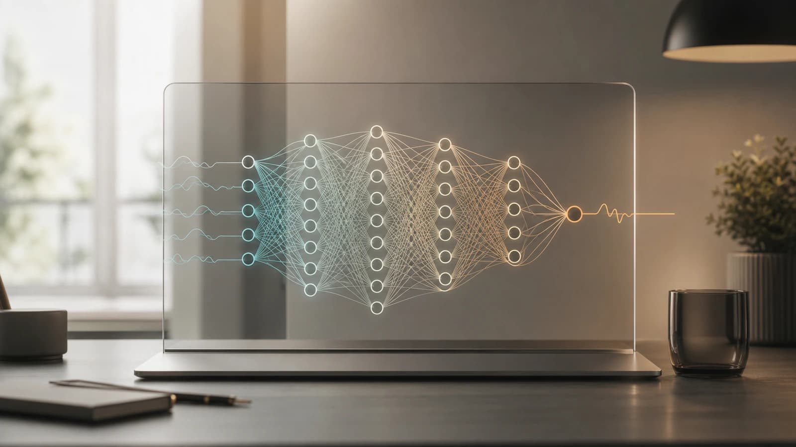 A clean editorial visual showing a layered neural network turning input signals into an output.