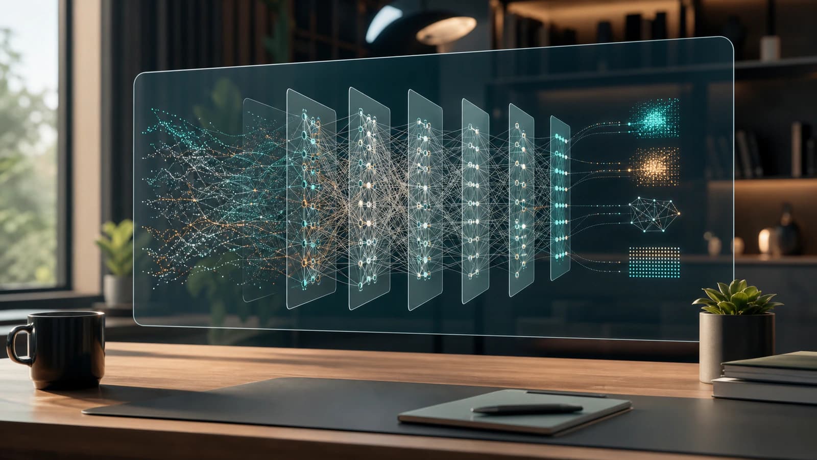 A clean editorial workspace showing complex data signals passing through layered neural network structures into clearer pattern outputs.
