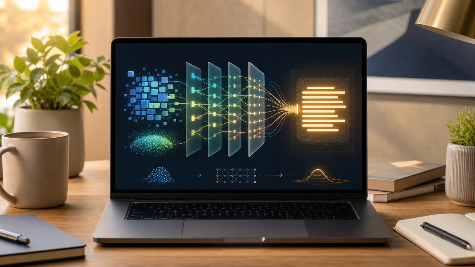 A clean laptop interface showing abstract token streams passing through layered transformer attention panels.