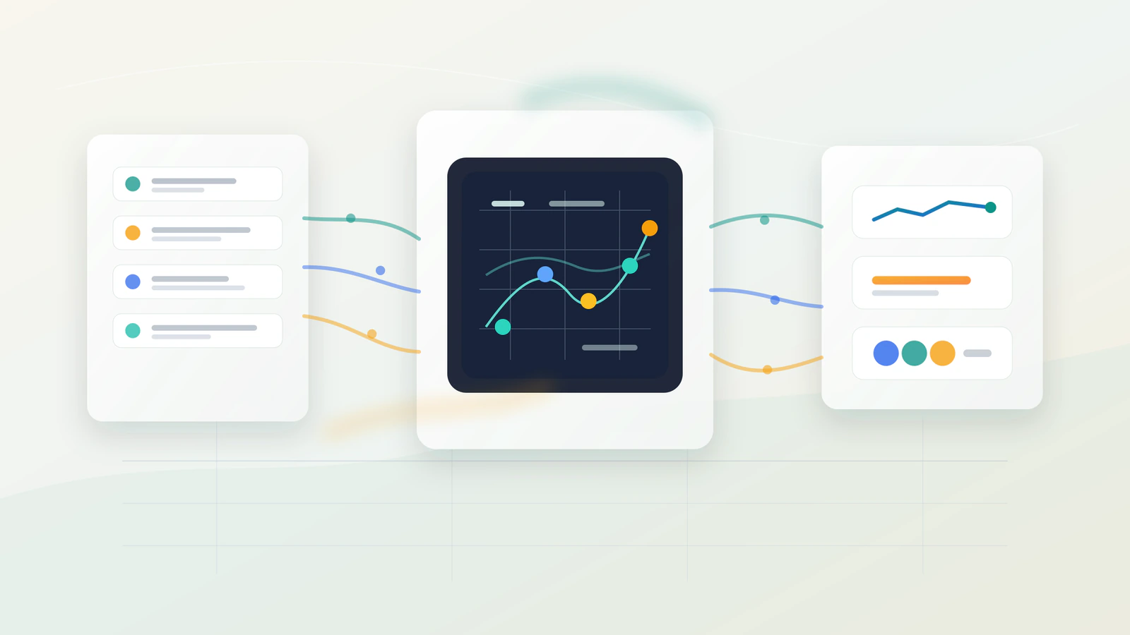 A clean editorial workspace showing example data flowing through an abstract machine learning model into prediction cards.