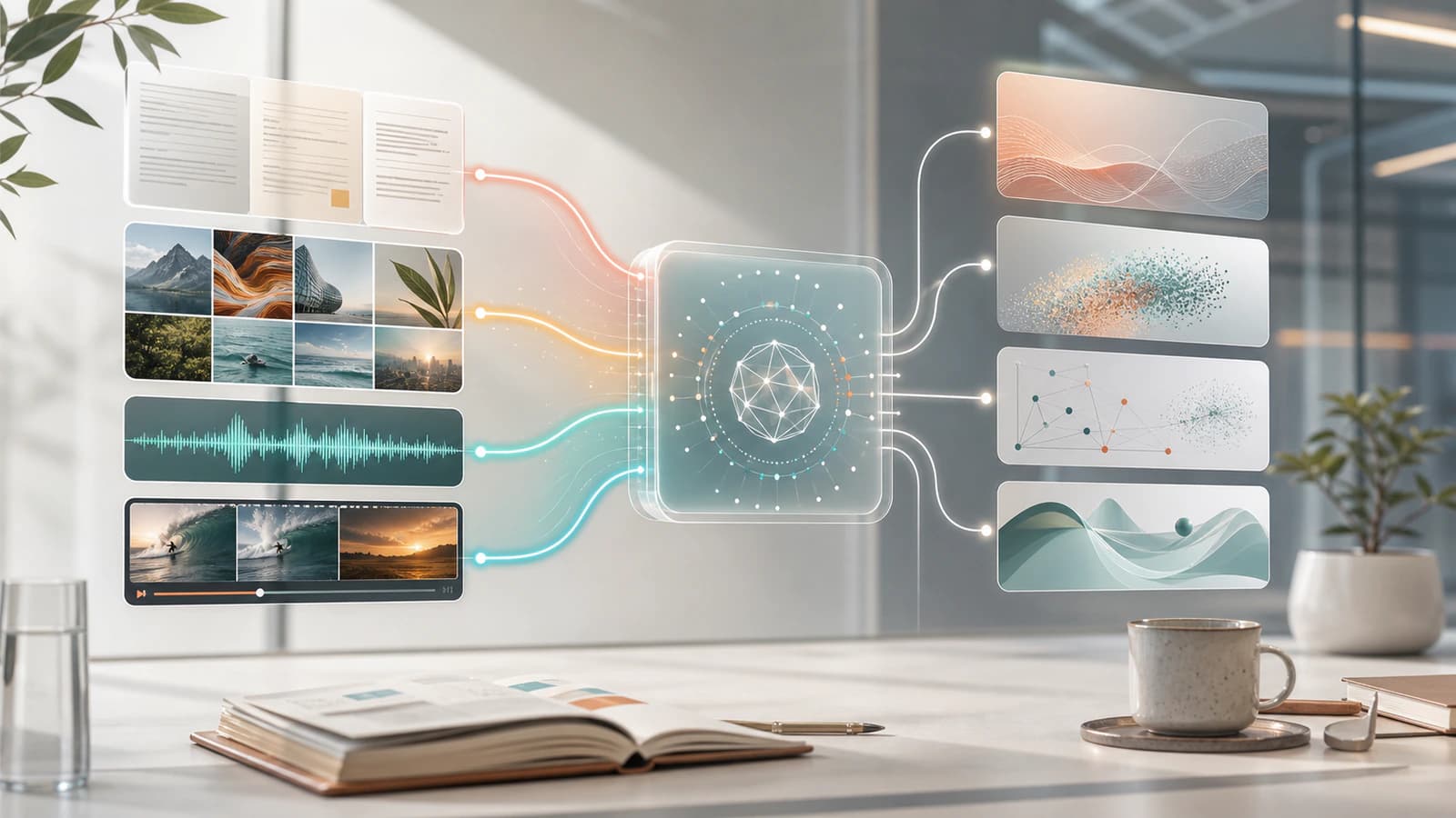 Text, image, audio and video streams converging into one central AI model interface.