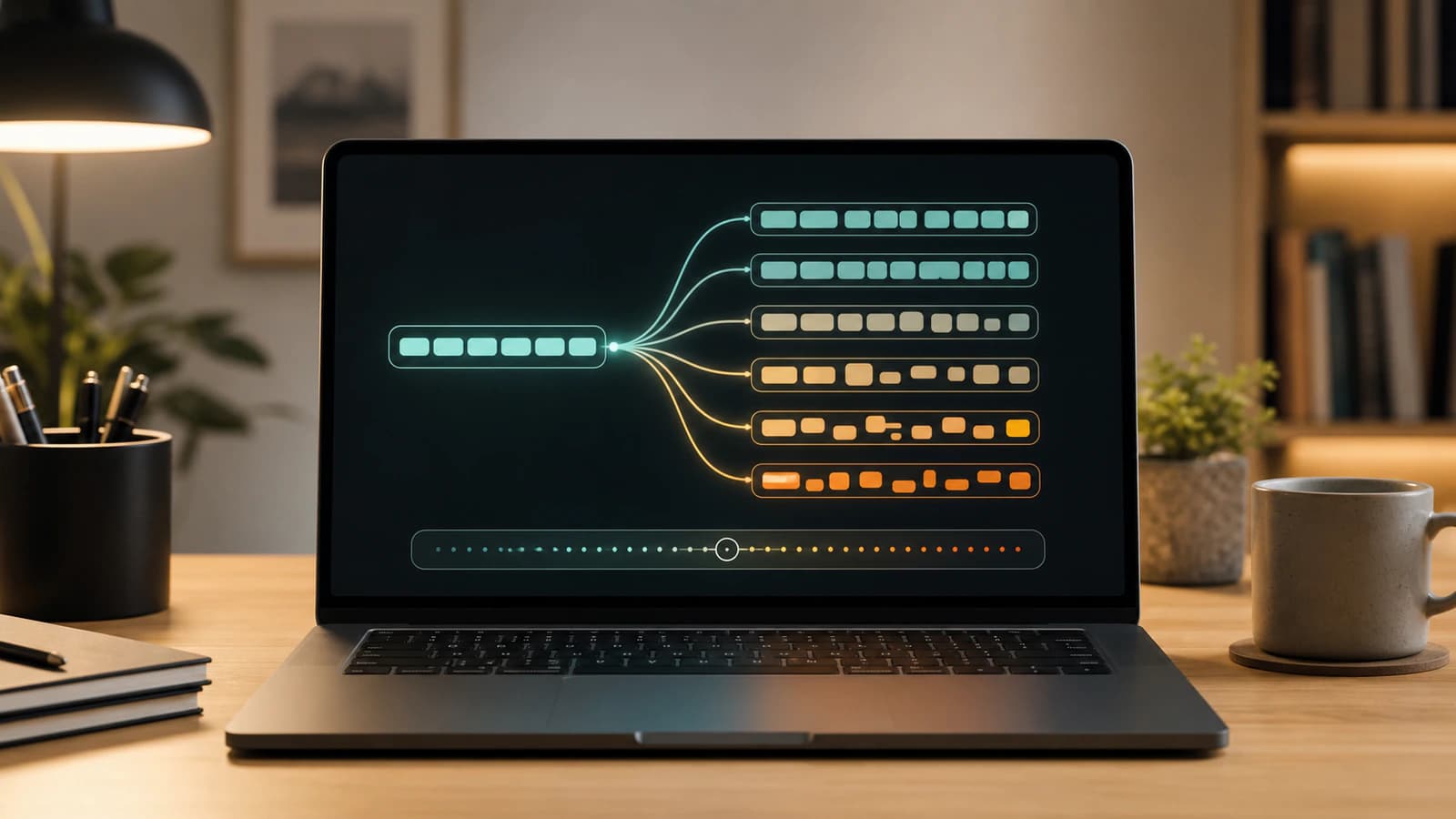 A clean laptop interface showing one AI prompt branching into orderly and varied response paths around a subtle temperature dial.